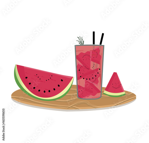 Vector illustration of a refreshing watermelon slice cocktail in a glass with a straw, rosemary, and an aesthetic wooden coaster. A bright and refreshing summer drink in a modern, flat style.