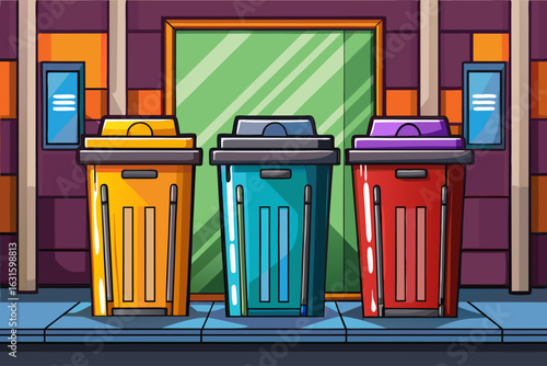 vector of Three designs of trash cans on the door for waste and garbage in three different colors...contrasting background. A lot of use.