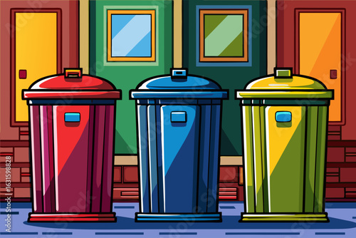 vector of Three designs of trash cans on the door for waste and garbage in three different colors...contrasting background. A lot of use.