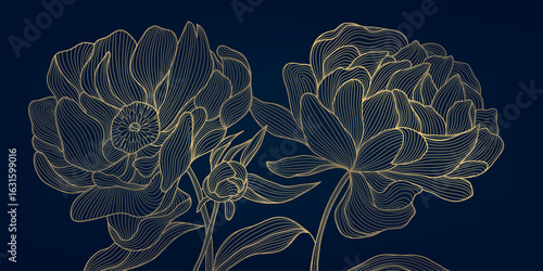 Vector golden peonies flowers, luxury line japanese style floral background, wedding oriental pattern. Art deco vintage drawing, elegant bloom print.