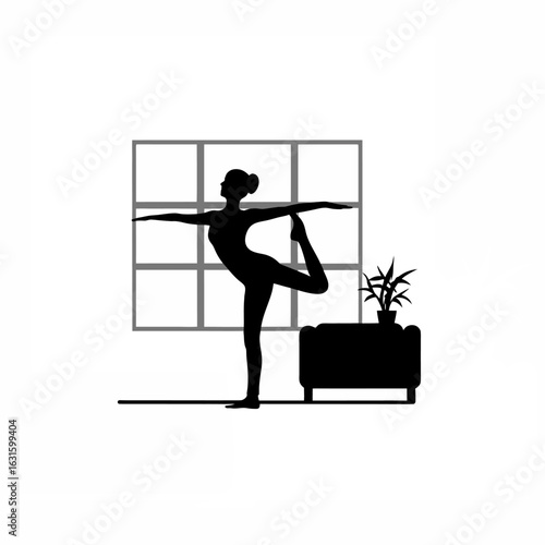 Woman practicing yoga peacefully in a modern living room setting