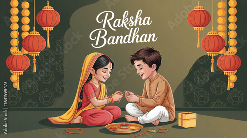 Raksha Bandhan illustration with sister tying rakhi to brother, festive lanterns, sweets, gift box, and heartfelt sibling bonding moment