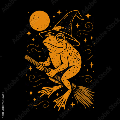 Witzige Halloween Kröte. Fliegender Hexen Frosch mit Hexenhut auf einem Besen. Mystisch, magisch und verspielt. Ideal für Hexennacht, Deko oder Samhain Designs.
