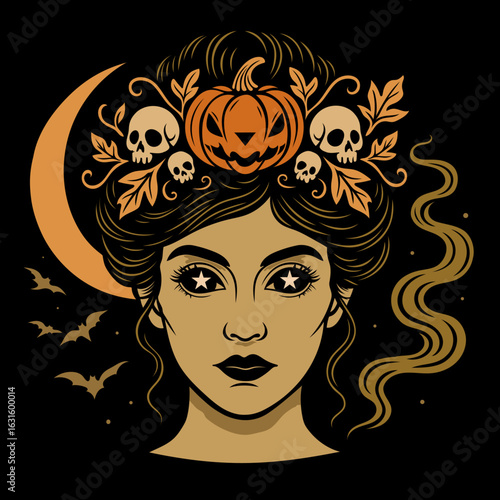 Halloween Pumpkin Witch mit Dutt und Kürbis Krone. Detailreiches Halloween-Porträt mit Frau, Kürbisfrisur, Totenköpfen und Mond. Ornamentaler Stil mit mystischem Flair, perfekt für düstere Designs.