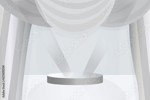 An abstract image of a stage with a podium and open curtains, with spotlights shining on a product.