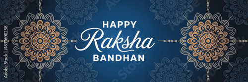 Elegant Raksha Bandhan greeting card with gold mandala art on dark blue background and festive typography celebrating sibling love and tradition