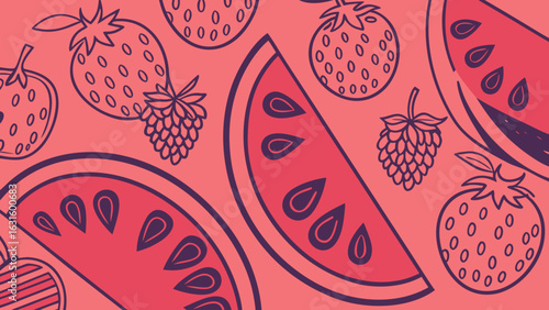 Colorful illustrated pattern featuring watermelon, strawberries, and raspberries on a vibrant pink background.
