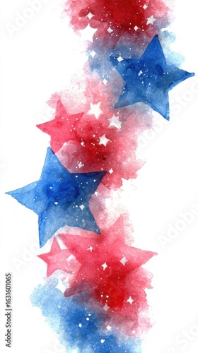 Colorful watercolor stars in red, blue, and white create a festive atmosphere for celebrations and holidays