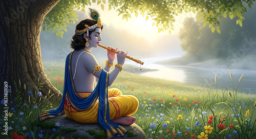 Krishna playing flute in a serene meadow by the river