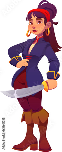 Cartoon pirate woman with saber. Vector female corsair character in navy coat and golden earrings, standing in proud pose. Buccaneer personage ready for ocean voyage, treasure hunt and naval adventure