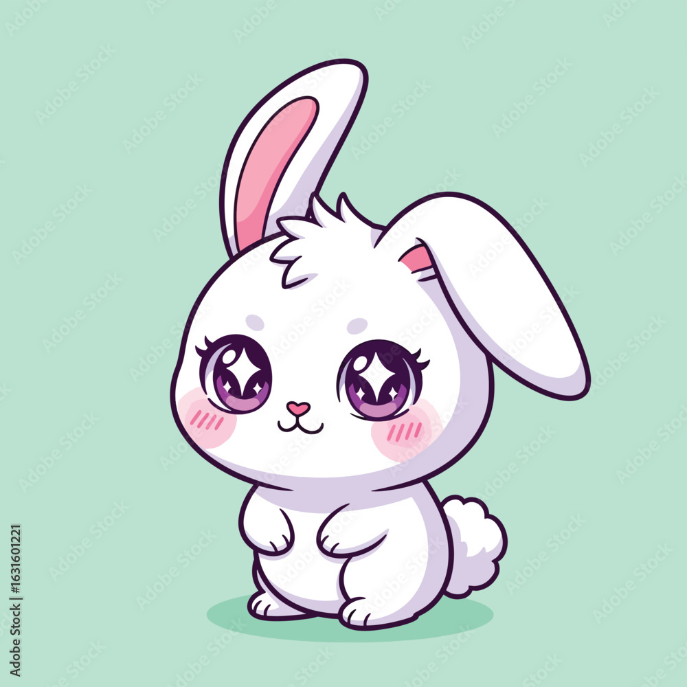 Fototapeta premium Adorable kawaii white bunny with large sparkling purple anime eyes and a fluffy tail.