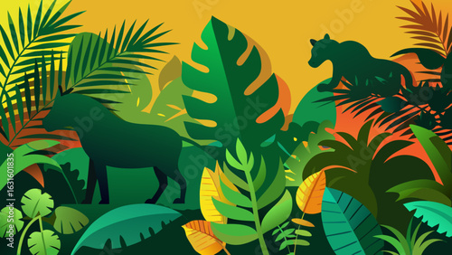 A stylized jungle scene featuring silhouetted animals amidst vibrant foliage.