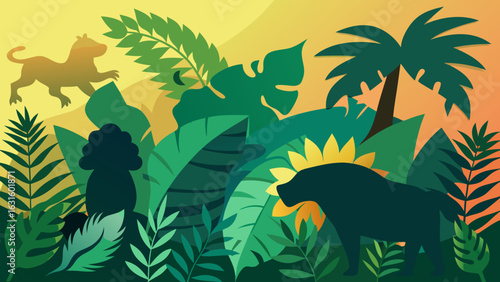 Silhouettes of dogs amid lush tropical foliage, capturing a serene sunset mood.