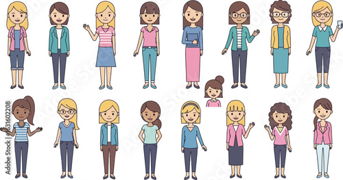 Illustration of diverse women in casual and professional attire standing in rows on a white background