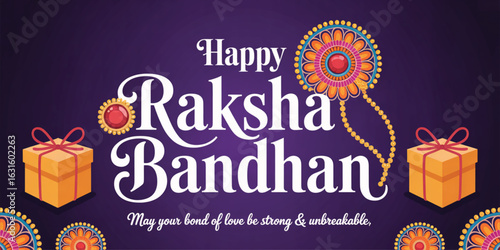 Elegant Raksha Bandhan greeting card with decorative rakhis, gift boxes, and heartfelt message on purple background celebrating sibling love