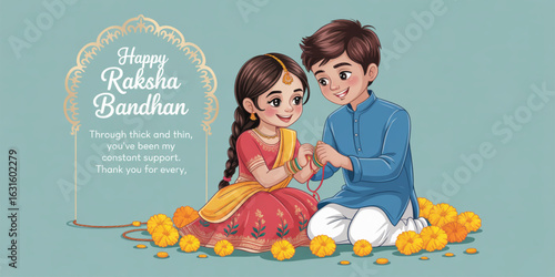 Raksha Bandhan illustration with sister tying rakhi to brother, marigold decor, heartfelt message, and traditional festive celebration