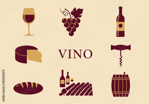Vector illustration of wine icons with glass, grapes, bottle, cheese, and corkscrew vector design