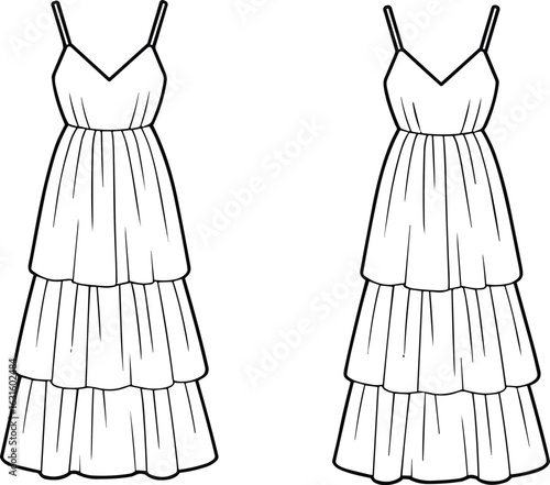 A technical fashion flat sketch on a white background, showcasing a short-sleeve and a long-sleeve maxi dress, both with square necklines and gathered bodices, illustrating 