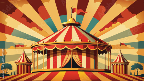 A vibrant circus tent with bold stripes, capturing the essence of fun and excitement.