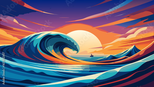 A vibrant, stylized sunset over crashing waves, showcasing bold colors and dynamic forms in a seascape.