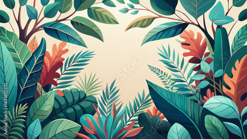 A vibrant and colorful collection of tropical leaves and plants, creating a lush, inviting atmosphere.