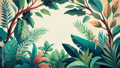 Vibrant tropical foliage framing a blank space, showcasing various shades of green and hints of warm earthy tones.