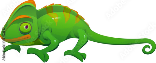 Cartoon Mexican chameleon character, isolated vector lizard with green skin and stripes, long curvy tail and telescopic eyes. Wild animal, pet reptile, exotic tropical creature, wildlife predator