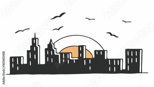 Silhouette of a city skyline against a rising sun, creating a tranquil yet vibrant scene.