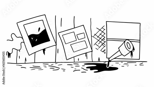 A monochrome illustration depicting artistic chaos with spilled paint and mismatched frames on a wooden backdrop.
