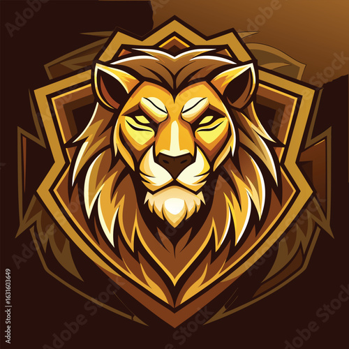 Majestic golden lion head emblem with fierce eyes and geometric shield design