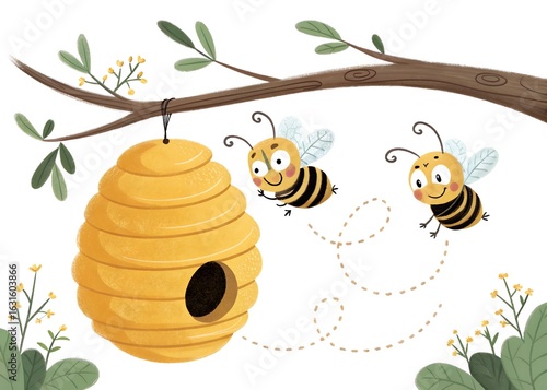 Two cute cartoon bees flying around a beehive hanging from a branch isolated on white background