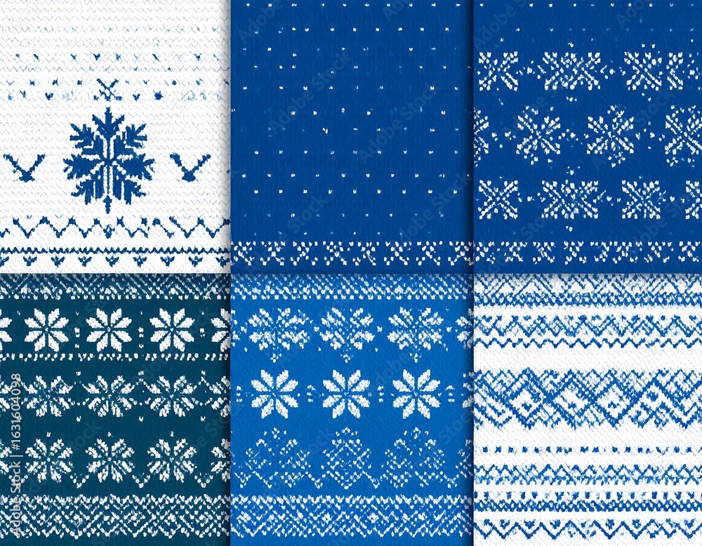 Knitted snowflake patterns in blue and white Knitted snowflake patterns in blue and white