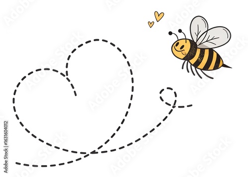 Cute cartoon bee flying in a heart shape, isolated on white background