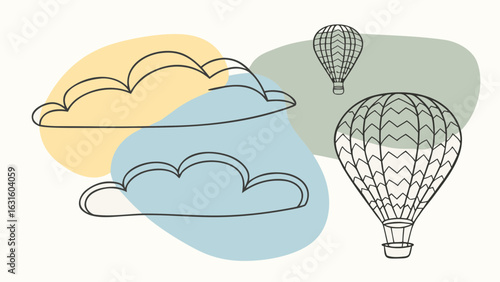 Stylized illustration of hot air balloons floating among abstract clouds in soft pastel colors.