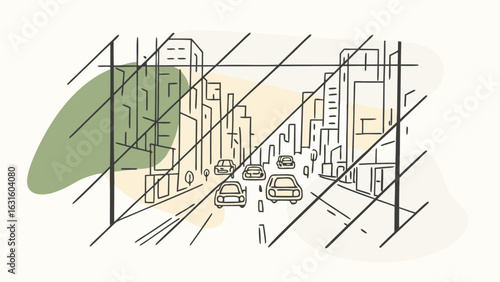 Stylized cityscape illustration depicting urban life with cars amidst tall buildings and a contemporary design.