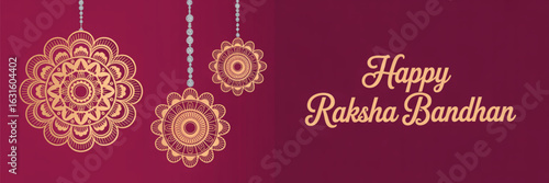 Elegant Raksha Bandhan greeting card with maroon background and hanging traditional motifs, celebrating Indian sibling love and festivity