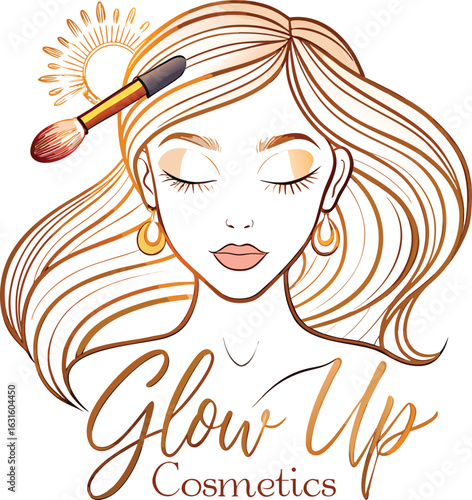 Elegant woman with makeup brush and sun emblem for beauty and cosmetic brand logo