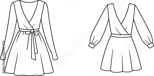 A technical fashion flat sketch on a white background, showcasing the front and back views of a long-sleeve dress with a high collar, waist belt, and full-button placket, illustrating a 