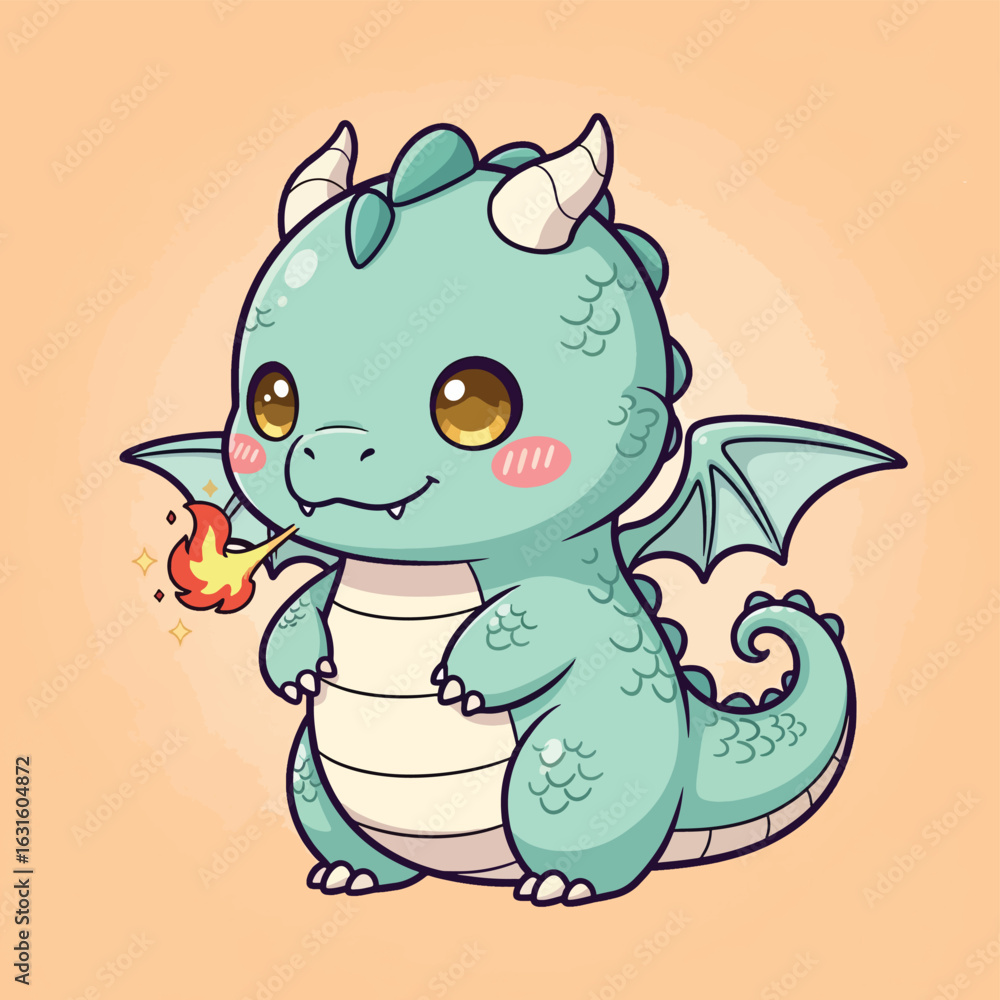 Fototapeta premium A charming chibi cartoon dragon teal-colored with a cream belly smiling and breathing a small sparkling flame.
