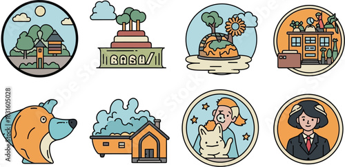 Collection of eight cartoon style icons depicting various scenes and characters in circles on white