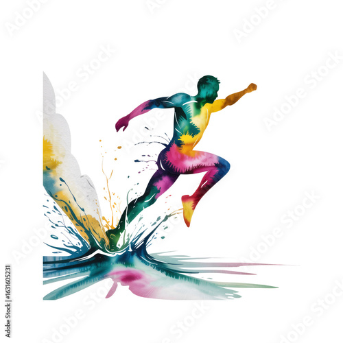 Abstract Colorful Athlete in Dynamic Jump Energy, Speed, and Movement