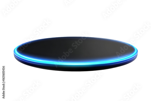 Sleek modern black podium with vibrant blue light accents for product showcase or award ceremony