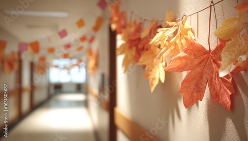 Autumn leaves decorate school hallway; fall classroom decor