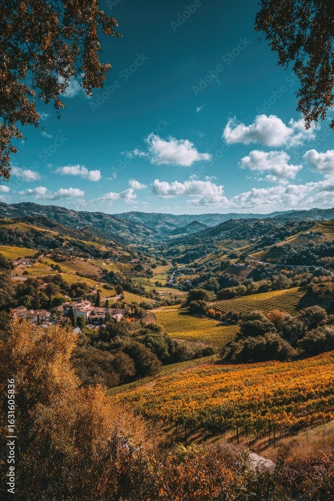 Naklejka premium Autumnal valley vista, framed by trees