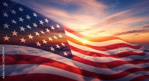 American flag waving proudly against a dramatic sunset sky with golden sun rays