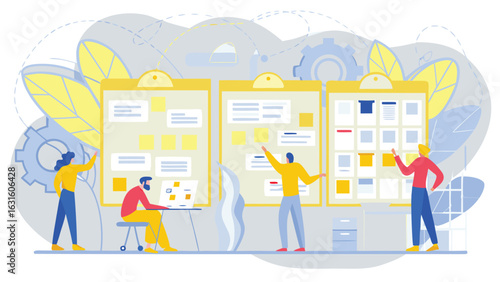 People collaborating on project planning with sticky notes on boards in a modern office setting