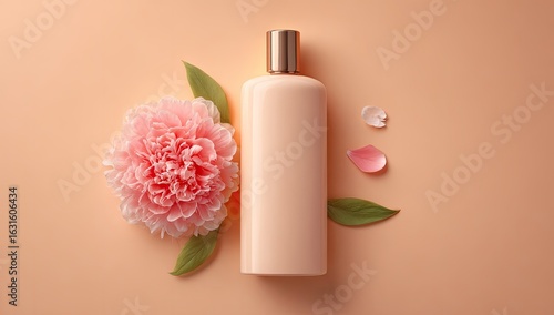 Pastel-colored bottle, flower, and leaves on a peach background.  Flat lay composition