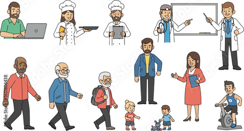 Illustration of diverse people in various professions and everyday life activities cartoon style