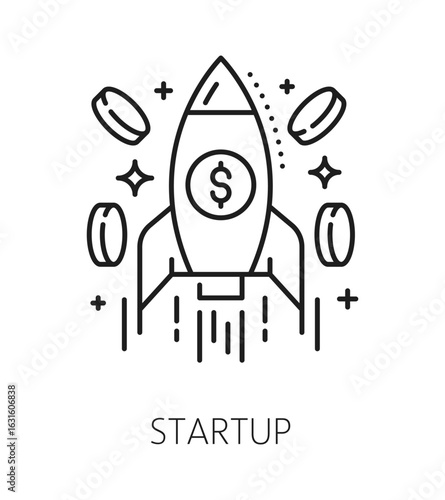 investment startup, finance line icon or emblem. Finance investor startup line vector symbol, capital investment company outline icon. Trade fund pictogram with flying rocket spaceship and coins