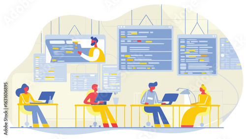 People working on computers in an office with code displayed on screens hanging on the wall behind them